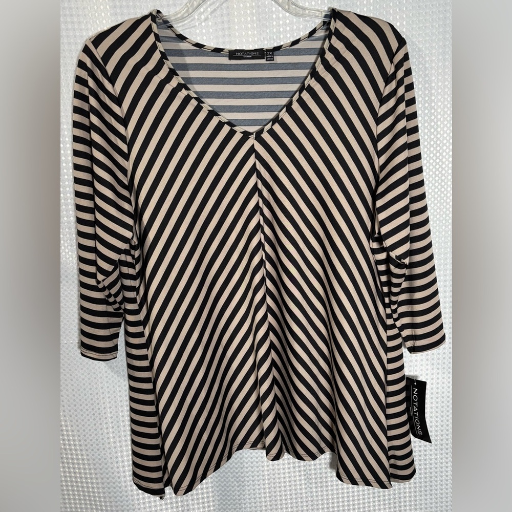 NWT Notations 2X Black and Tan Striped Long Sleeve Top
